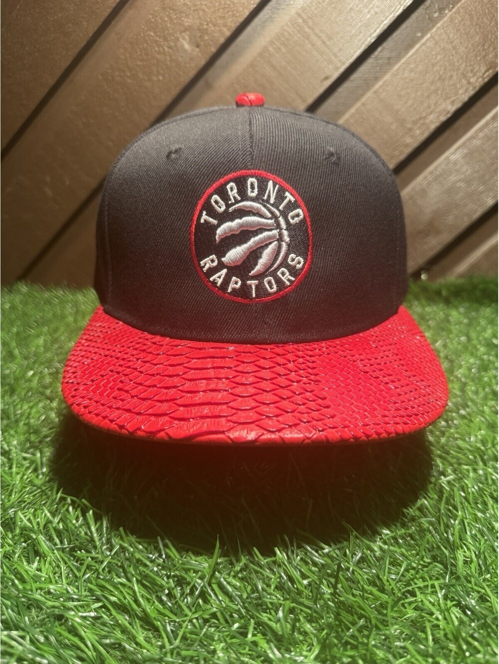 Toronto Raptors Flat Brim Snapback Hat Red Faux Python Scaled Bill SUKE